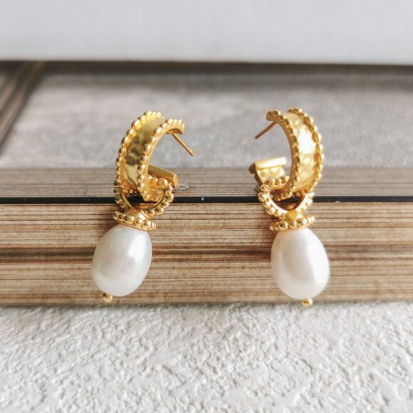 Julie Vos Marbella Pearl Gold Hoop & Charm Earrings - Picture 1 of 4